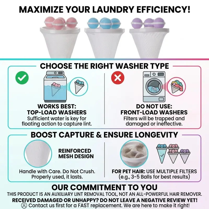 Reusable Floating Lint Trappers: Advanced Hair Filter for Cleaner Laundry & Garment Care