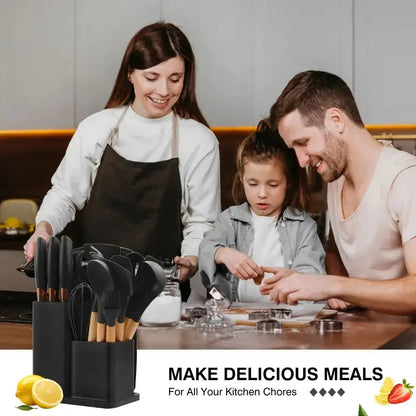 19-Piece Silicone Wood Handle Utensil Set