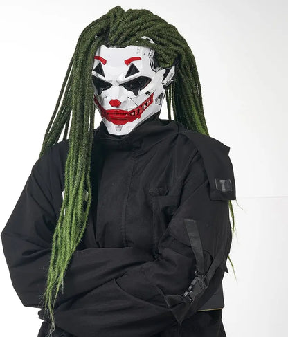 Avant-Garde Cyberpunk Clown Full-Face Mask with Green Dreadlock Braids