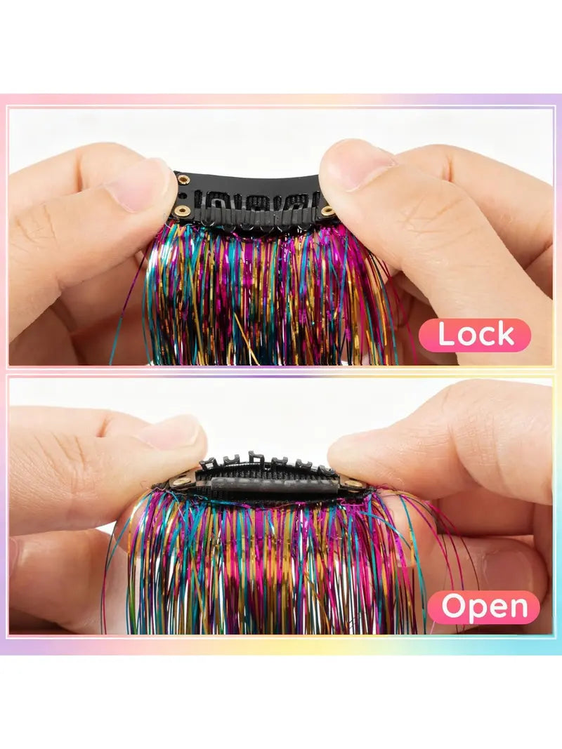 Rainbow Hair Tinsel Pack of 12 Pcs Clip in Hair Tinsel 20 Inch Glitter Tinsel Hair Extensions