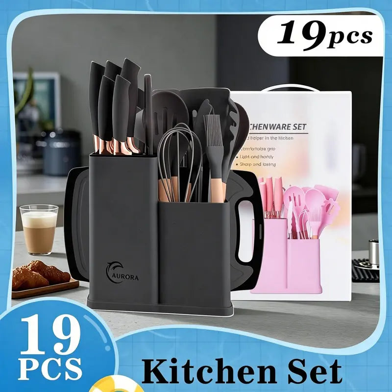 19-Piece Silicone Wood Handle Utensil Set