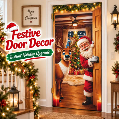 Stretch-Fit Santa & Reindeer Christmas Door Cover