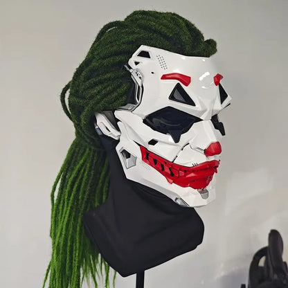 Avant-Garde Cyberpunk Clown Full-Face Mask with Green Dreadlock Braids