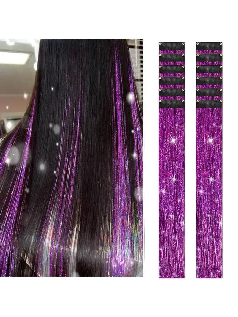 Rainbow Hair Tinsel Pack of 12 Pcs Clip in Hair Tinsel 20 Inch Glitter Tinsel Hair Extensions