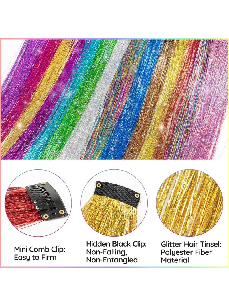 Rainbow Hair Tinsel Pack of 12 Pcs Clip in Hair Tinsel 20 Inch Glitter Tinsel Hair Extensions