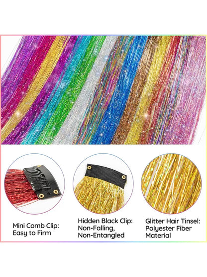 Rainbow Hair Tinsel Pack of 12 Pcs Clip in Hair Tinsel 20 Inch Glitter Tinsel Hair Extensions