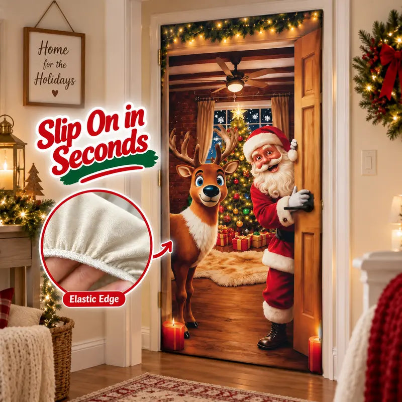 Stretch-Fit Santa & Reindeer Christmas Door Cover