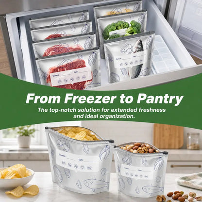 Reusable Stand-Up Food Storage Bags with Labels & Zip Locks