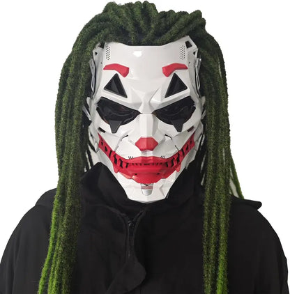 Avant-Garde Cyberpunk Clown Full-Face Mask with Green Dreadlock Braids