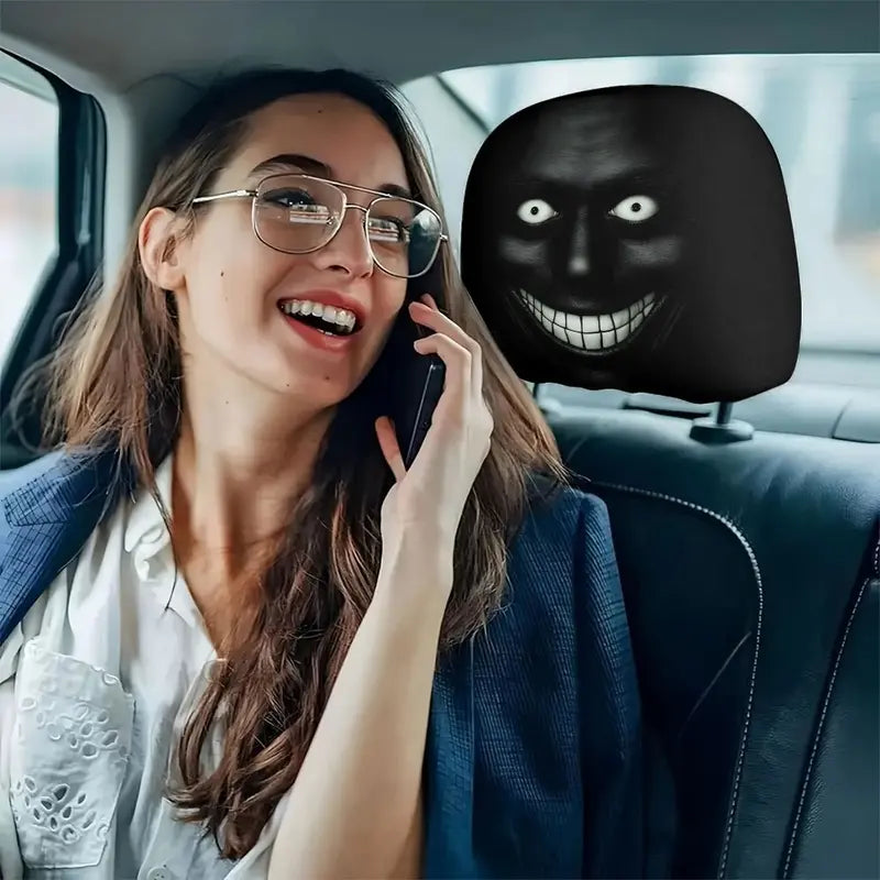 2pcs Dark Style Evil Smiley Car Headrest Covers, Universal Fit, Washable & Durable, Easy Install for Long-Distance Travel