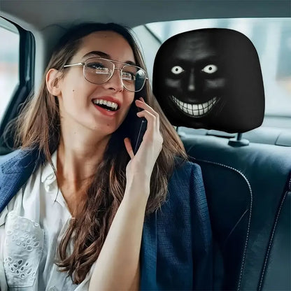 2pcs Dark Style Evil Smiley Car Headrest Covers, Universal Fit, Washable & Durable, Easy Install for Long-Distance Travel