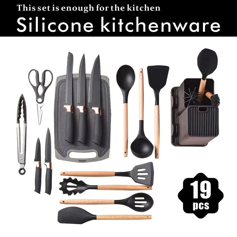 19-Piece Silicone Wood Handle Utensil Set