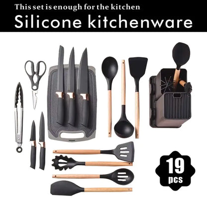19-Piece Silicone Wood Handle Utensil Set