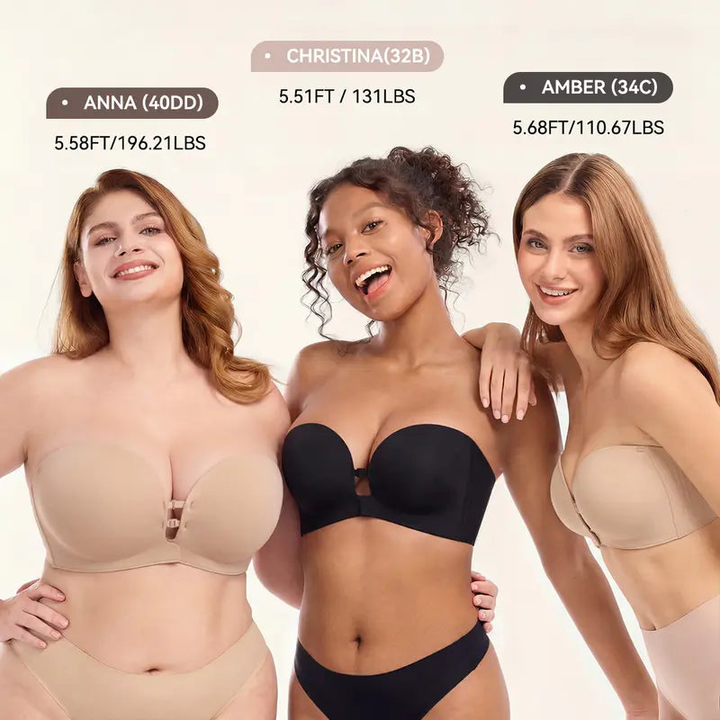 Womens Strapless Front Closure Bra Push Up Lift Bra Padded Add Cup Non Slip Anti-Slip Grip