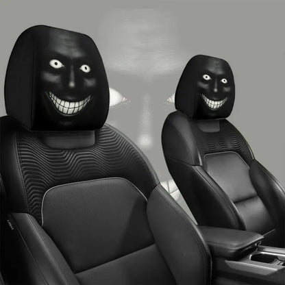 2pcs Dark Style Evil Smiley Car Headrest Covers, Universal Fit, Washable & Durable, Easy Install for Long-Distance Travel