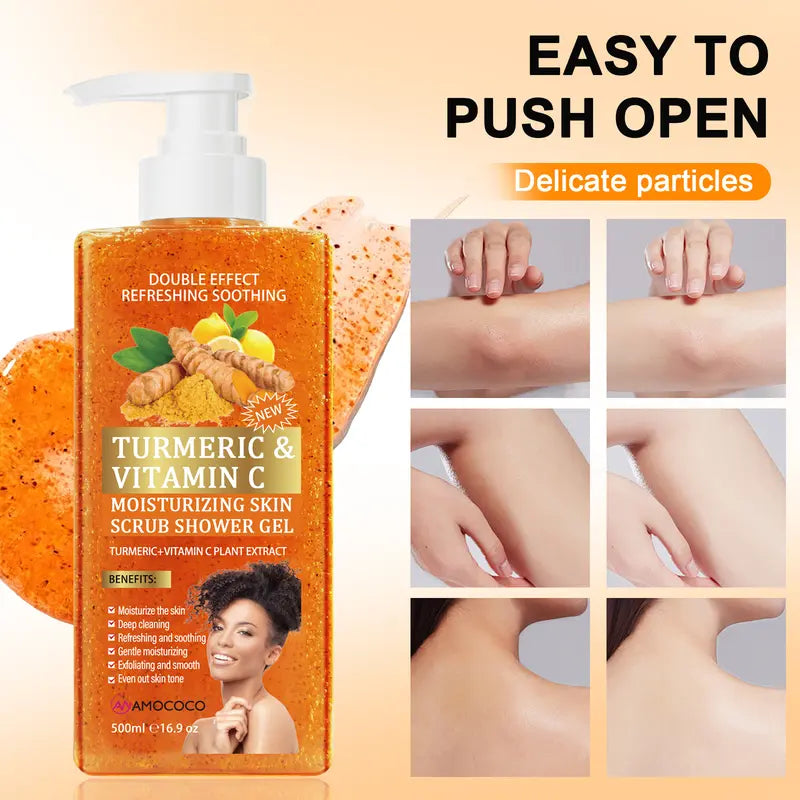 Turmeric exfoliating shower gel texture and pump bottle for body use