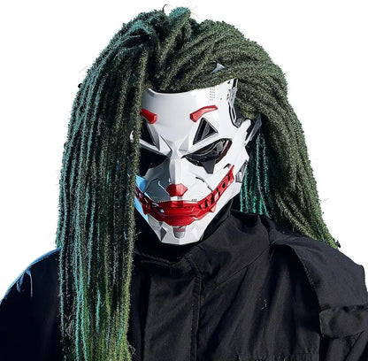 Avant-Garde Cyberpunk Clown Full-Face Mask with Green Dreadlock Braids