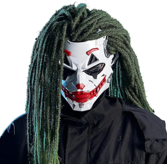 Avant-Garde Cyberpunk Clown Full-Face Mask with Green Dreadlock Braids