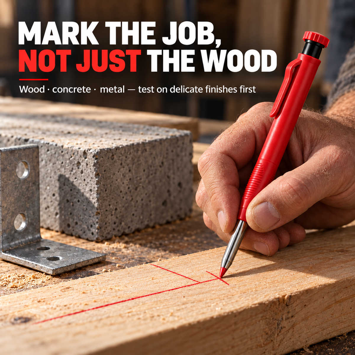 Red pen and red lead draw a red line on wood in workshop scene